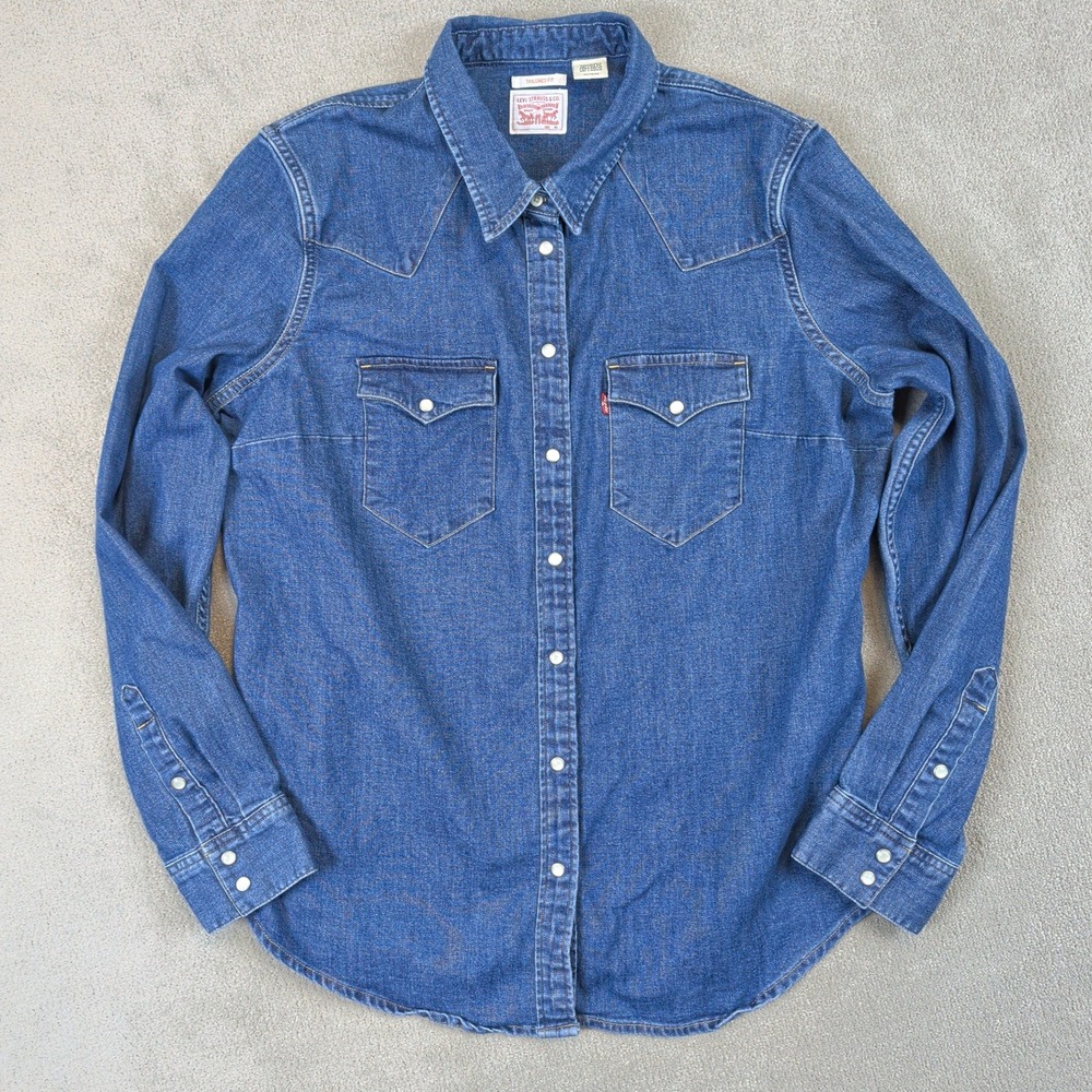 Levis Denim Western Shirt Womens XL Tailored Fit Pearl Snap Blue Stretch Cotton